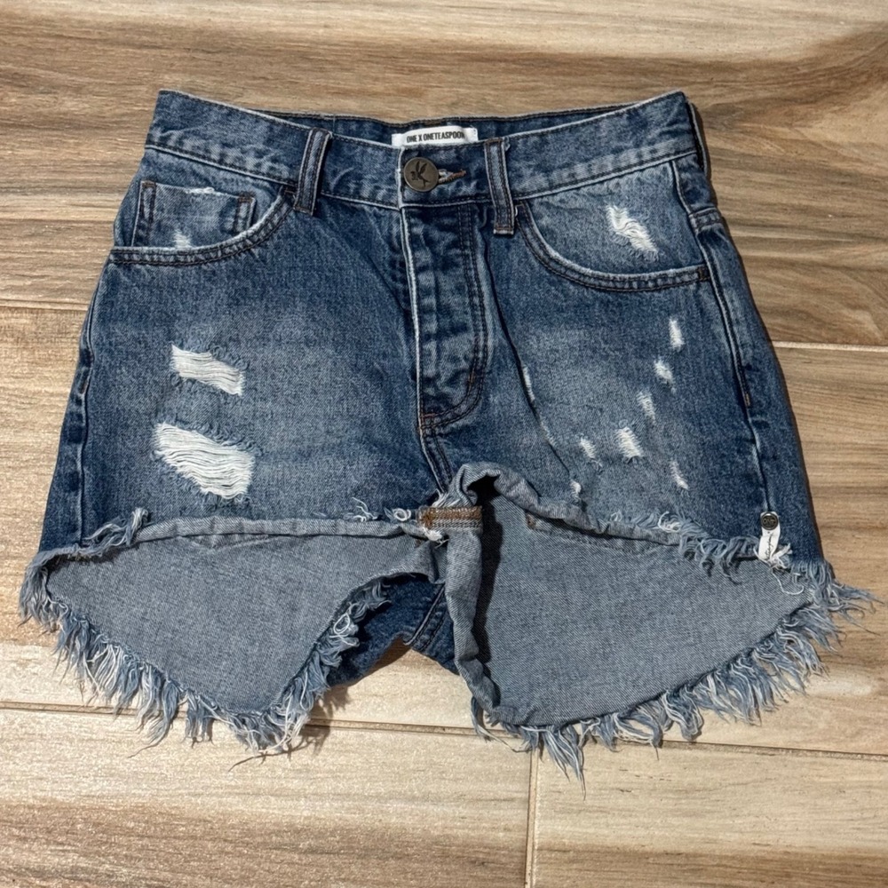 One Teaspoon High Waist Bonita Blue Distressed Denim Shorts Size 25 Button Fly